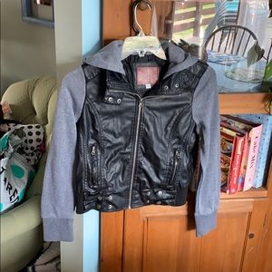 Black and gray hooded leather jacket